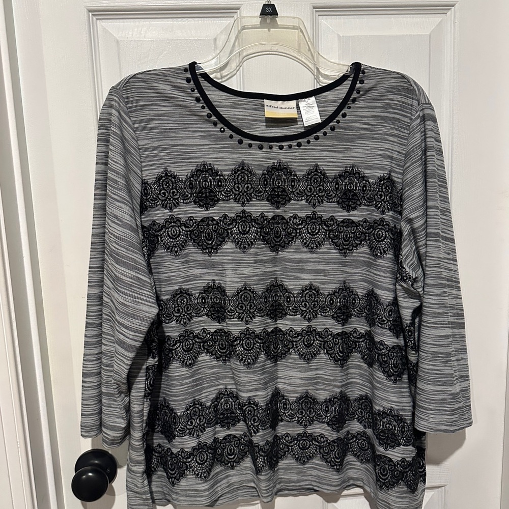 Alfred Dunner Gray & Black Striped Tunic with Lace Trim